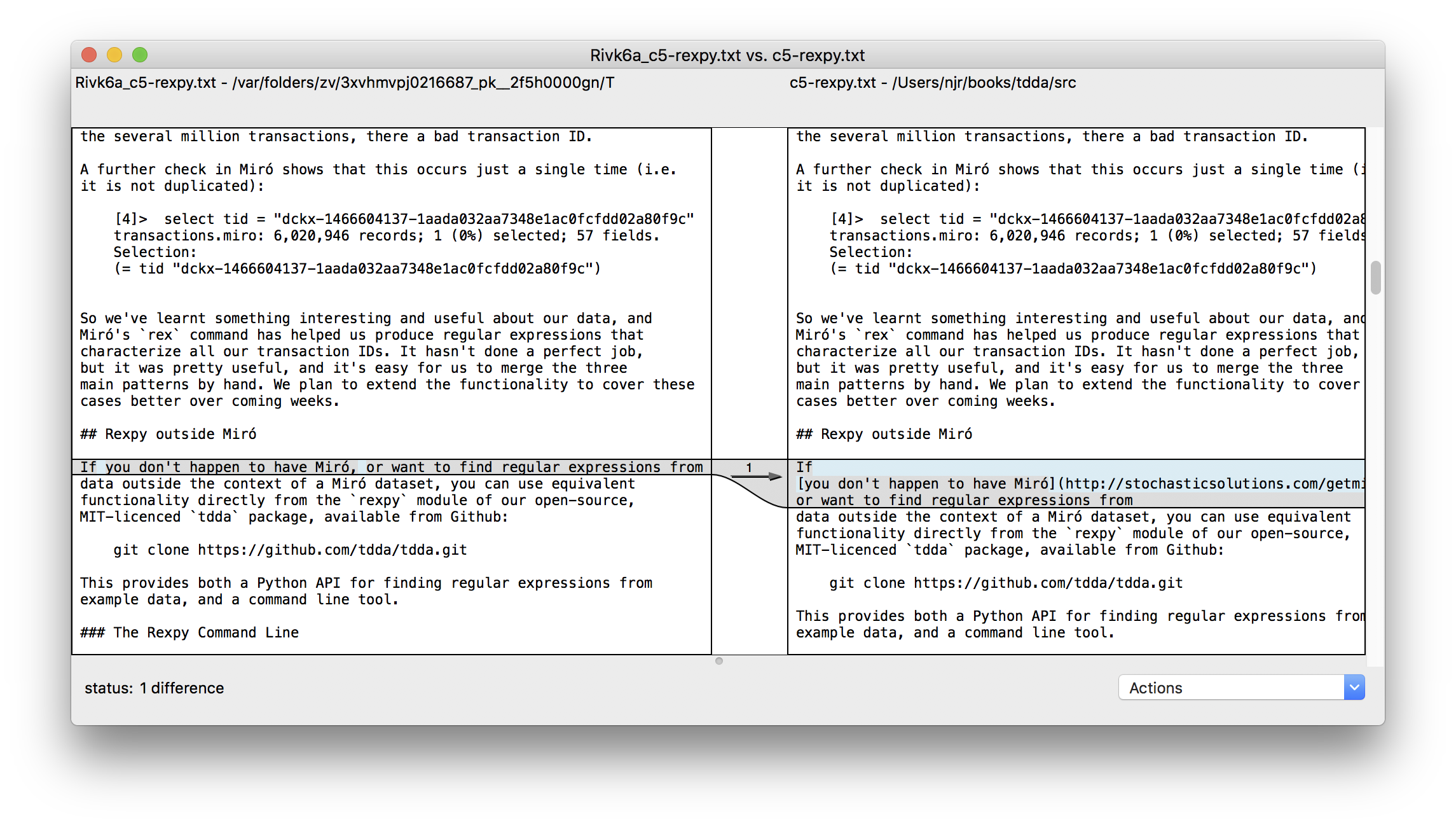 visual diff (opendiff) of two versions of the markdown for a blog post